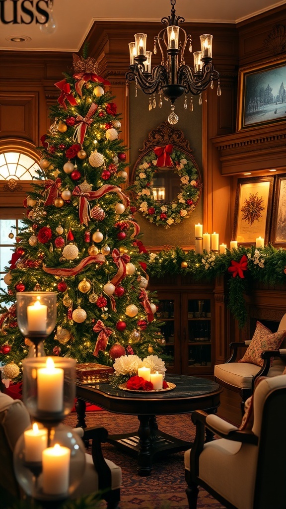Victorian living room decorated for Christmas with a grand tree, garland, and candlelight.
